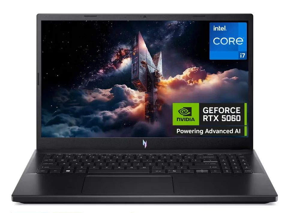 Black Acer Nitro V15 gaming laptop open with colourful display artwork