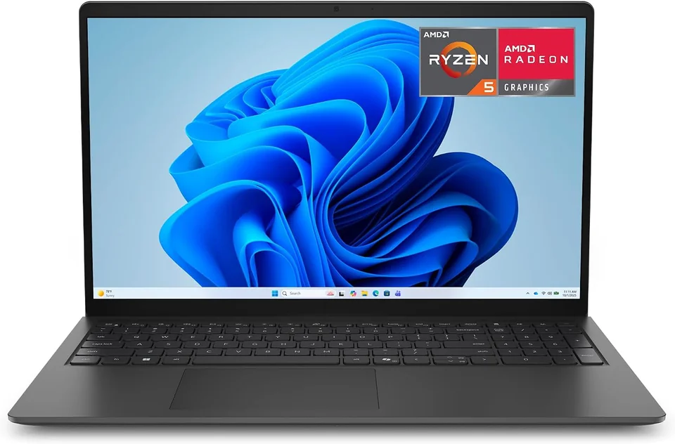 Dark Dell 15 laptop open with colourful screen artwork